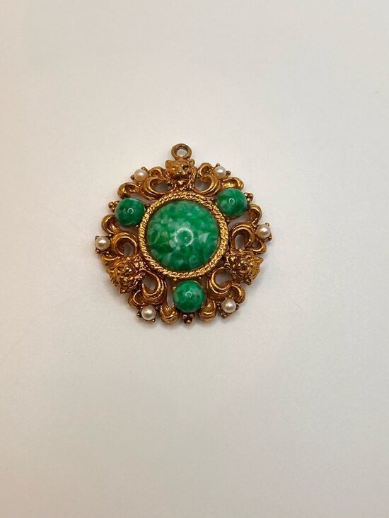 Vintage Jewelry - Vintage 1960s Golden Lions Pendant Green Cabochon Faux Pearl Gold Tone
